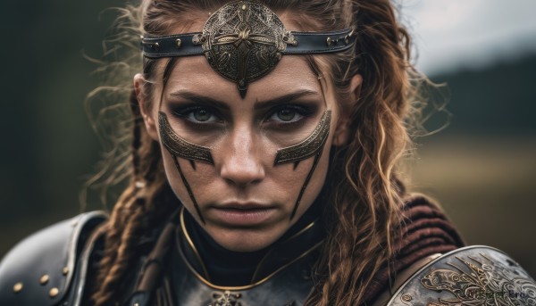 1girl,solo,long hair,looking at viewer,brown hair,brown eyes,closed mouth,braid,armor,blurry,lips,eyelashes,blurry background,headband,wavy hair,facial mark,shoulder armor,portrait,close-up,freckles,curly hair,pauldrons,circlet,breastplate,realistic,nose,facepaint,chainmail,blonde hair,green eyes,scar,serious