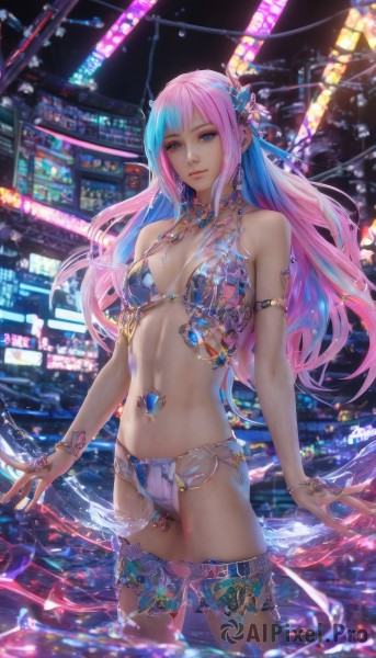 1girl,solo,long hair,breasts,looking at viewer,bangs,blue eyes,hair ornament,navel,bare shoulders,jewelry,medium breasts,closed mouth,blue hair,standing,swimsuit,pink hair,bikini,multicolored hair,cowboy shot,earrings,water,necklace,bracelet,two-tone hair,lips,night,piercing,ring,gem,armlet,wading,realistic,navel piercing,smile,cleavage,flower,small breasts,outdoors,artist name,hair flower,stomach,nail polish,aqua eyes,fingernails,eyelashes,gradient hair,makeup,thigh strap,watermark,light smile,web address,blue bikini,eyeshadow,blue nails,pink lips,nose,arms at sides,pool,bangle,thighlet,blue gemstone,neon lights