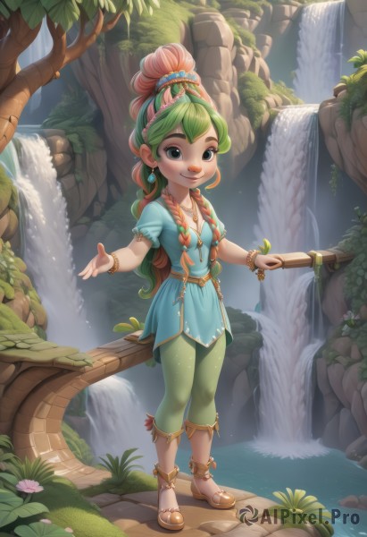 1girl,solo,long hair,breasts,looking at viewer,smile,hair ornament,dress,jewelry,standing,full body,braid,flower,short sleeves,multicolored hair,earrings,small breasts,outdoors,green hair,pants,water,necklace,black eyes,twin braids,bracelet,tree,sandals,plant,nature,outstretched hand,anklet,waterfall,blue eyes,hairband,artist name,leaf,watermark,thick eyebrows,grass,child,web address