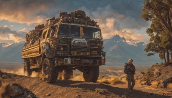 solo,1boy,standing,jacket,male focus,outdoors,sky,day,cloud,bag,tree,military,backpack,helmet,cloudy sky,robot,ground vehicle,scenery,motor vehicle,smoke,walking,science fiction,rock,mountain,desert,truck,weapon,signature,uniform,gun,military uniform,realistic,military vehicle,tank,soldier,dust