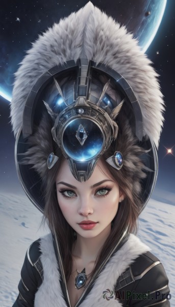 1girl,solo,long hair,breasts,looking at viewer,blue eyes,brown hair,cleavage,jewelry,closed mouth,green eyes,collarbone,upper body,earrings,sky,artist name,necklace,lips,fur trim,eyelashes,makeup,moon,feathers,lipstick,gem,star (sky),pendant,starry sky,realistic,nose,red lips,space,planet,earth (planet),black hair,headgear,headdress