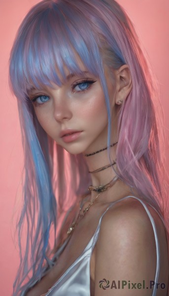 1girl,solo,long hair,breasts,looking at viewer,bangs,blue eyes,large breasts,simple background,dress,cleavage,bare shoulders,jewelry,medium breasts,blue hair,upper body,pink hair,multicolored hair,earrings,parted lips,choker,necklace,from side,two-tone hair,lips,eyelashes,makeup,piercing,pink background,ear piercing,freckles,realistic,nose,sleeveless,red background