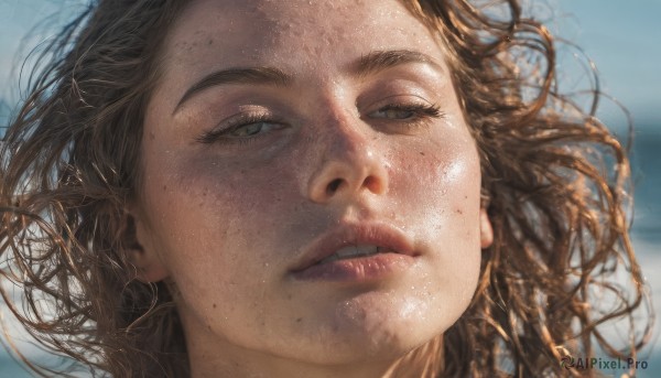 1girl,solo,long hair,looking at viewer,brown hair,brown eyes,outdoors,parted lips,teeth,day,mole,blurry,lips,blurry background,messy hair,portrait,close-up,freckles,realistic,nose,mole on cheek,sky,blue sky,eyelashes,floating hair,depth of field,half-closed eyes,wind,dirty