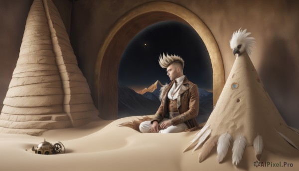 solo,blonde hair,1boy,sitting,jacket,male focus,wings,sky,pants,vest,coat,ascot,night,bird,animal,moon,feathers,spiked hair,brown jacket,white pants,sand,indian style,brown vest,desert,shirt,long sleeves,outdoors,open clothes,artist name,scarf,open jacket,star (sky),night sky,leather,fringe trim,dust