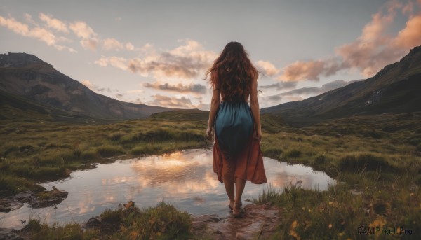 1girl,solo,long hair,skirt,brown hair,dress,standing,outdoors,sky,barefoot,cloud,water,from behind,blue dress,bird,wavy hair,cloudy sky,grass,nature,scenery,wading,reflection,walking,sunset,mountain,arms at sides,facing away,river,mountainous horizon,lake,shirt,bare shoulders,sleeveless,blue skirt,long skirt,rock,evening