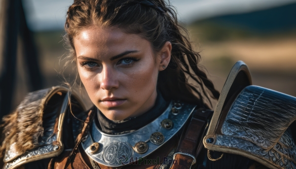 1girl,solo,long hair,looking at viewer,blue eyes,brown hair,black hair,jewelry,closed mouth,upper body,earrings,armor,blurry,lips,blurry background,shoulder armor,portrait,freckles,pauldrons,breastplate,realistic,nose,stud earrings,chainmail,plate armor,depth of field,close-up