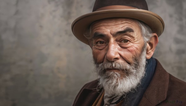 solo,looking at viewer,shirt,1boy,hat,brown eyes,closed mouth,jacket,upper body,white hair,grey hair,male focus,necktie,collared shirt,blurry background,facial hair,blue shirt,portrait,beard,brown jacket,mature male,realistic,mustache,brown headwear,manly,old,old man,signature,grey background,blurry,coat,grey eyes,black headwear,formal,suit,brown coat,wrinkled skin,bowler hat