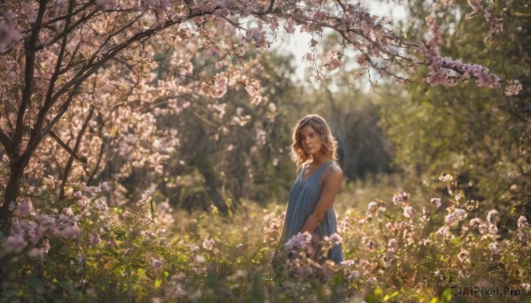 1girl, solo, long hair, looking at viewer, brown hair, dress, brown eyes, flower, outdoors, sleeveless, day, blurry, tree, sleeveless dress, blue dress, cherry blossoms, nature, scenery, realistic, field