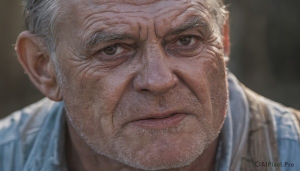 solo,looking at viewer,short hair,shirt,1boy,brown eyes,closed mouth,white hair,grey hair,male focus,collared shirt,blurry,blurry background,facial hair,portrait,beard,close-up,realistic,manly,old,old man,wrinkled skin,lips,grey eyes,blue shirt,nose