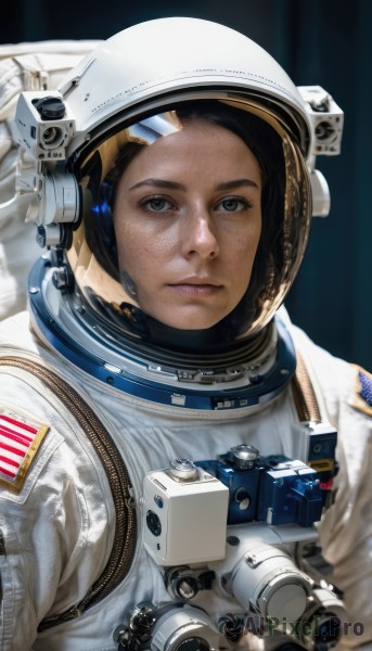 1girl,solo,looking at viewer,brown hair,brown eyes,closed mouth,upper body,lips,helmet,freckles,reflection,science fiction,realistic,nose,camera,space,american flag,spacesuit,space helmet,astronaut,black hair,expressionless,forehead,planet