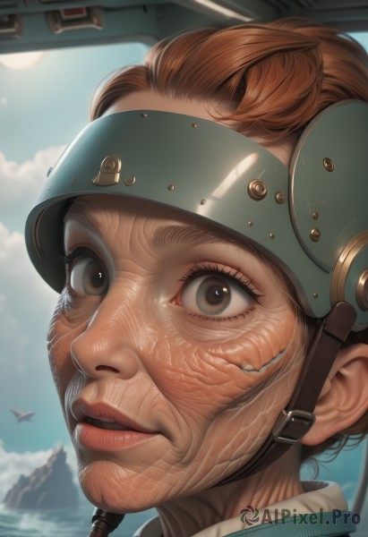 1girl,solo,looking at viewer,short hair,brown hair,brown eyes,outdoors,parted lips,sky,teeth,day,cloud,blue sky,lips,bird,helmet,portrait,close-up,realistic,aircraft,nose,airplane,signature,eyelashes,mountain