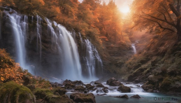 outdoors, sky, water, tree, no humans, sunlight, nature, scenery, forest, autumn leaves, river, autumn, waterfall, landscape