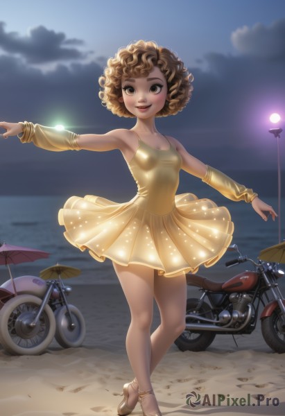 1girl,solo,breasts,looking at viewer,smile,short hair,open mouth,brown hair,dress,bare shoulders,brown eyes,standing,full body,small breasts,outdoors,detached sleeves,sky,cloud,dark skin,armpits,blurry,leotard,dark-skinned female,lips,night,blurry background,ocean,umbrella,watermark,beach,sandals,outstretched arms,ground vehicle,motor vehicle,curly hair,yellow dress,motorcycle,lamppost,afro,ballerina,ballet slippers,yellow leotard,tutu,blush,jewelry,high heels,short dress,moon,night sky,full moon,yellow footwear,bicycle