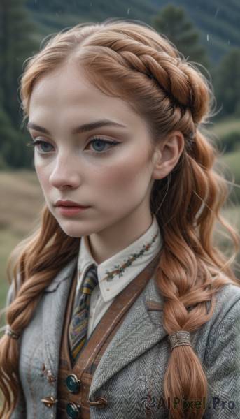 1girl,solo,long hair,blue eyes,brown hair,shirt,jewelry,closed mouth,school uniform,white shirt,upper body,braid,outdoors,necktie,day,striped,collared shirt,necklace,blurry,twin braids,lips,grey eyes,eyelashes,makeup,depth of field,blurry background,looking away,freckles,blue necktie,realistic,nose,striped necktie,hogwarts school uniform,artist name,signature,vest,expressionless,forehead,rain