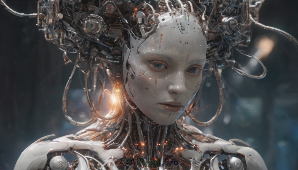 1girl,solo,looking at viewer,blue eyes,closed mouth,blurry,lips,depth of field,blurry background,glowing,expressionless,robot,portrait,science fiction,realistic,android,cable,straight-on,cyborg,cyberpunk,mechanical parts,wire,short hair,eyelashes,headgear,close-up,machinery,dirty,damaged,robot joints