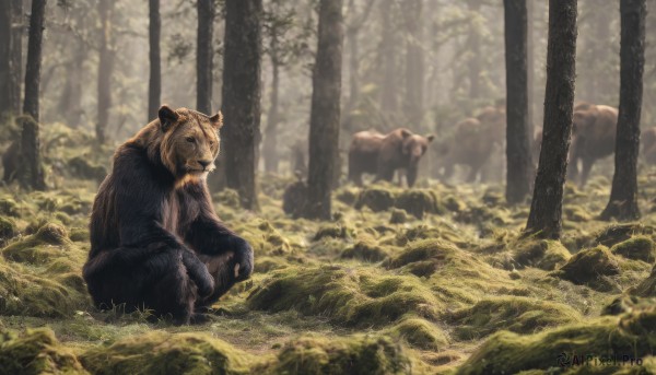 solo,sitting,outdoors,day,blurry,tree,no humans,depth of field,animal,sunlight,grass,nature,scenery,claws,forest,rock,animal focus,tiger,bear