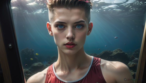 1girl,solo,looking at viewer,short hair,blue eyes,brown hair,black hair,1boy,bare shoulders,upper body,male focus,parted lips,water,lips,sunlight,tank top,red shirt,portrait,freckles,fish,bubble,light rays,underwater,realistic,nose,red lips,air bubble,sunbeam,aquarium,blonde hair,collarbone,makeup,undercut,mohawk