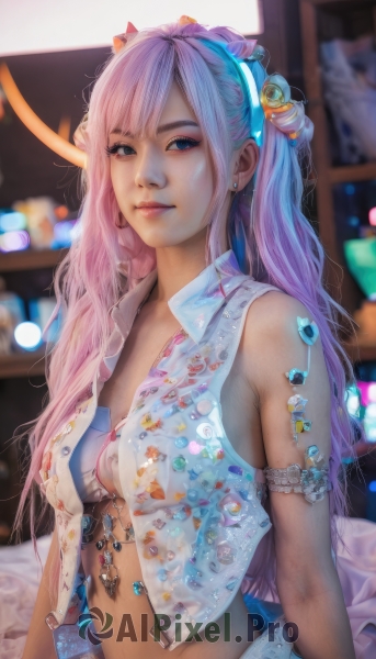 1girl,solo,long hair,breasts,looking at viewer,smile,bangs,blue eyes,hair ornament,navel,bare shoulders,twintails,jewelry,medium breasts,underwear,upper body,pink hair,multicolored hair,hairband,earrings,parted lips,open clothes,sleeveless,midriff,bra,blurry,vest,lips,makeup,blurry background,piercing,gem,armlet,realistic,nose,open vest,shirt,closed mouth,blue hair,purple hair,artist name,indoors,two-tone hair,open shirt,sleeveless shirt,depth of field,crystal,unbuttoned,unbuttoned shirt