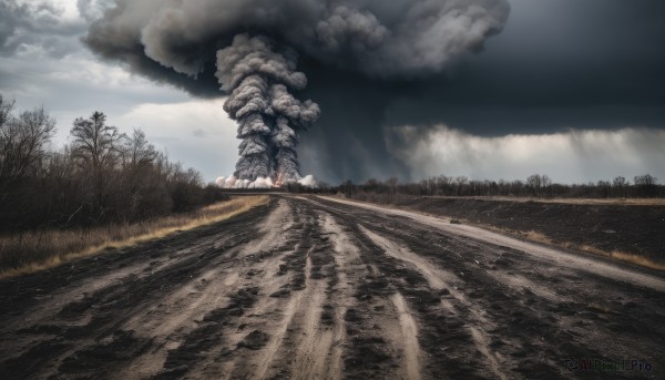 outdoors,sky,day,cloud,tree,no humans,cloudy sky,grass,nature,scenery,forest,smoke,road,landscape,fog,monster,realistic