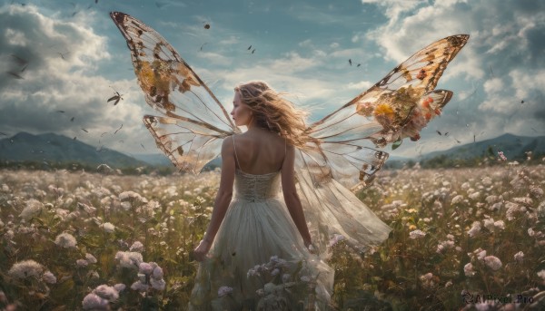 1girl, solo, long hair, blonde hair, dress, bare shoulders, standing, flower, outdoors, wings, sky, day, cloud, from behind, white dress, bird, cloudy sky, bug, wind, realistic, fairy wings, fairy, field, flower field, butterfly wings, insect wings