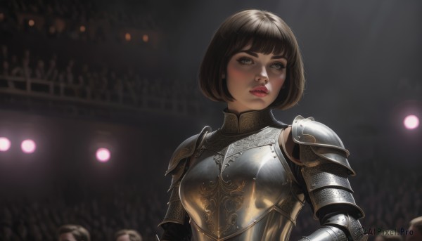 1girl,looking at viewer,short hair,bangs,brown hair,black hair,brown eyes,upper body,parted lips,teeth,solo focus,blunt bangs,armor,lips,grey eyes,makeup,bob cut,lipstick,shoulder armor,pauldrons,breastplate,nose,red lips,knight,full armor,crowd,stage,people,chainmail,plate armor,concert,solo,blush,blurry,blurry background,thick eyebrows