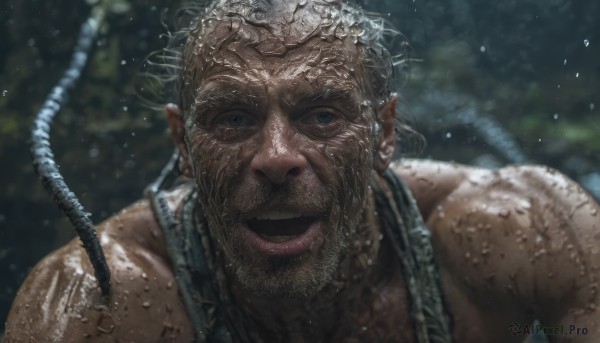 solo,looking at viewer,smile,open mouth,blue eyes,1boy,upper body,male focus,outdoors,water,blurry,wet,muscular,blurry background,facial hair,portrait,beard,water drop,realistic,mustache,wet hair,manly,old,dirty,old man,hose,:d,scar