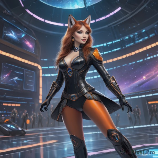 1girl,solo,long hair,breasts,looking at viewer,blue eyes,large breasts,brown hair,thighhighs,gloves,animal ears,cleavage,jewelry,medium breasts,standing,pantyhose,earrings,boots,multiple boys,solo focus,choker,black gloves,belt,cat ears,orange hair,armor,leotard,lips,fox ears,bodysuit,makeup,knee boots,lipstick,gauntlets,star (sky),eyeshadow,science fiction,red lips,eyeliner,space,planet,spacecraft,bangs,brown eyes,parted lips,sky,artist name,indoors,signature,star (symbol),blurry,parted bangs,looking to the side,grey eyes,clothing cutout,dutch angle,night,depth of field,blurry background,watermark,wavy hair,black choker,looking away,moon,cleavage cutout,light smile,gem,night sky,black leotard,buckle,starry sky,legs apart,contrapposto,black bodysuit,crowd,lights