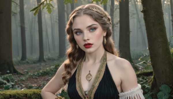 1girl,solo,long hair,breasts,looking at viewer,blue eyes,brown hair,dress,cleavage,bare shoulders,jewelry,medium breasts,collarbone,upper body,hairband,earrings,outdoors,parted lips,day,necklace,blurry,black dress,tree,lips,grey eyes,makeup,leaf,wavy hair,plant,lipstick,nature,forest,realistic,red lips,teeth,bracelet,sleeveless dress,halterneck,sunlight