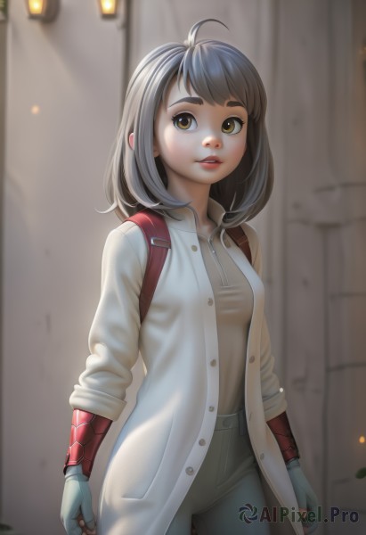 1girl,solo,breasts,looking at viewer,short hair,bangs,brown hair,shirt,gloves,brown eyes,medium breasts,standing,ahoge,grey hair,cowboy shot,small breasts,parted lips,open clothes,teeth,pants,artist name,medium hair,bag,blurry,lips,coat,buttons,blurry background,thick eyebrows,backpack,white pants,nose,arms at sides,white coat,yellow eyes,fingerless gloves,clenched hands,freckles,open coat,mechanical arms,single mechanical arm