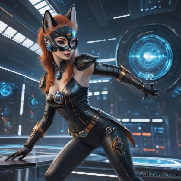 1girl,solo,long hair,breasts,looking at viewer,smile,brown hair,gloves,animal ears,cleavage,brown eyes,medium breasts,standing,tail,black gloves,elbow gloves,belt,cat ears,armpits,orange hair,armor,lips,fox ears,bodysuit,makeup,mask,detached collar,lipstick,shoulder armor,black bodysuit,red lips,shoulder pads,jewelry,parted lips,alternate costume,artist name,indoors,necklace,cape,leaning forward,fake animal ears,science fiction,realistic