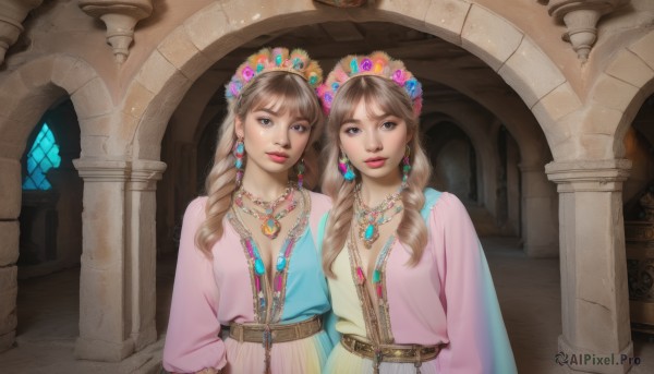 long hair,breasts,looking at viewer,smile,bangs,multiple girls,brown hair,hair ornament,long sleeves,dress,2girls,cleavage,brown eyes,jewelry,closed mouth,upper body,braid,flower,earrings,belt,indoors,necklace,lips,makeup,siblings,drill hair,sisters,gem,curly hair,twins,pink lips,realistic,headdress,pillar,side-by-side,arch,column,blonde hair,twintails,medium breasts,parted lips,lipstick,pink dress,twin drills