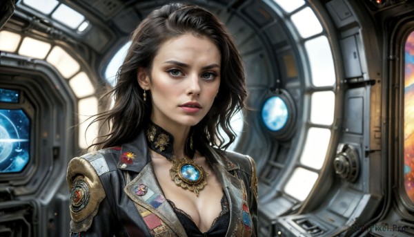 HQ,1girl,solo,long hair,breasts,looking at viewer,brown hair,black hair,cleavage,brown eyes,jewelry,medium breasts,underwear,jacket,upper body,earrings,parted lips,choker,necklace,bra,uniform,black eyes,lips,military,makeup,detached collar,lipstick,black bra,forehead,science fiction,realistic,nose,emblem,space,badge,planet,cockpit,sweat,window,military uniform,lace,pendant,dirty,insignia