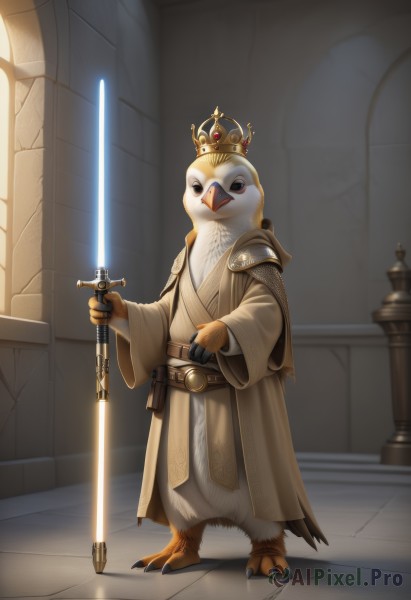 solo,looking at viewer,long sleeves,1boy,holding,standing,full body,weapon,male focus,belt,sword,indoors,wide sleeves,holding weapon,armor,black eyes,no humans,bird,holding sword,crown,furry,1other,robe,furry male,pillar,energy sword,duck,talons,beak,lightsaber,gloves,cape,cosplay,animal,fantasy,animal focus