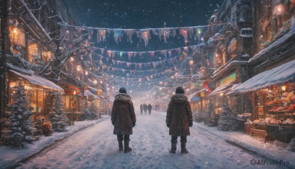 black hair, 1boy, standing, boots, outdoors, sky, from behind, coat, fur trim, night, building, scenery, snow, lantern, snowing, city, sign, winter clothes, road, winter, shop, string of flags, pennant