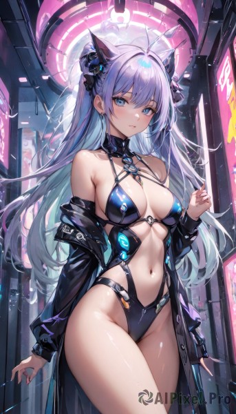 1girl,solo,long hair,breasts,looking at viewer,blush,bangs,blue eyes,large breasts,hair ornament,long sleeves,navel,animal ears,cleavage,bare shoulders,jewelry,medium breasts,closed mouth,blue hair,standing,jacket,swimsuit,purple hair,ahoge,sidelocks,thighs,multicolored hair,cowboy shot,earrings,parted lips,open clothes,cat ears,hand up,off shoulder,stomach,hair bun,nail polish,two-tone hair,leotard,open jacket,coat,black jacket,groin,double bun,gradient hair,detached collar,halterneck,highleg,revealing clothes,black leotard,extra ears,highleg leotard,open coat,black coat,colored inner hair,cone hair bun,navel cutout,armpit crease,very long hair,bikini,hair flower,collar,fingernails,fake animal ears,black bikini,piercing,hair intakes,antenna hair,ear piercing,cyberpunk,mechanical ears