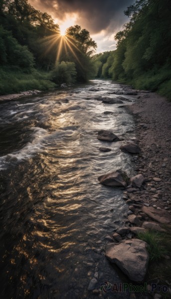 outdoors,sky,day,cloud,water,tree,no humans,sunlight,cloudy sky,grass,nature,scenery,forest,reflection,sunset,light rays,rock,mountain,sun,river,landscape,stream,sunbeam