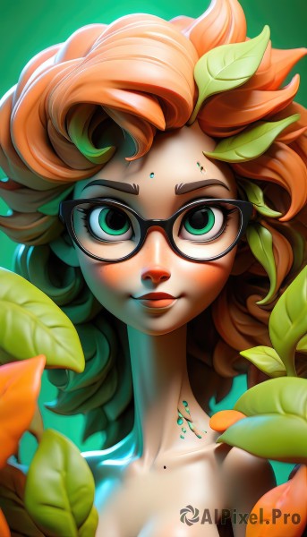 1girl,solo,long hair,breasts,looking at viewer,smile,cleavage,medium breasts,green eyes,collarbone,upper body,nude,glasses,orange hair,mole,lips,eyelashes,makeup,leaf,plant,lipstick,portrait,freckles,green background,black-framed eyewear,nose,monster girl,curly hair,green theme