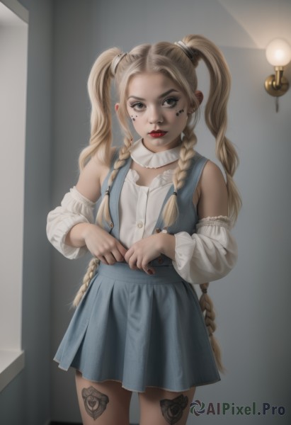 1girl,solo,long hair,looking at viewer,skirt,blonde hair,shirt,long sleeves,dress,twintails,brown eyes,very long hair,standing,white shirt,braid,cowboy shot,detached sleeves,indoors,twin braids,lips,blue skirt,tattoo,makeup,suspenders,lipstick,realistic,hair tie,suspender skirt,red lips,facial tattoo,leg tattoo,bare shoulders,jewelry,heart,earrings,parted lips,artist name,vest,forehead,mascara,heart tattoo