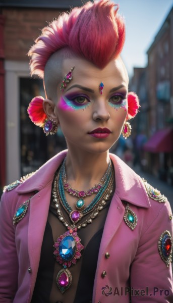 1girl,solo,looking at viewer,short hair,shirt,hair ornament,brown eyes,jewelry,closed mouth,green eyes,jacket,upper body,pink hair,flower,red hair,multicolored hair,earrings,outdoors,open clothes,day,artist name,signature,hair flower,dark skin,necklace,blurry,two-tone hair,open jacket,dark-skinned female,lips,looking to the side,black shirt,eyelashes,makeup,buttons,depth of field,blurry background,facial mark,looking away,lipstick,gem,pendant,eyeshadow,realistic,nose,eyeliner,pink jacket,very short hair,forehead jewel,blue gemstone,mascara,mohawk,yellow eyes,piercing,purple jacket