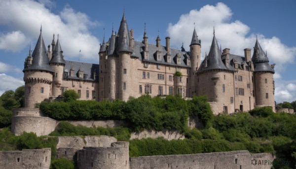 outdoors,sky,day,cloud,tree,blue sky,no humans,cloudy sky,grass,building,nature,scenery,fantasy,castle,tower,bush,wall,arch