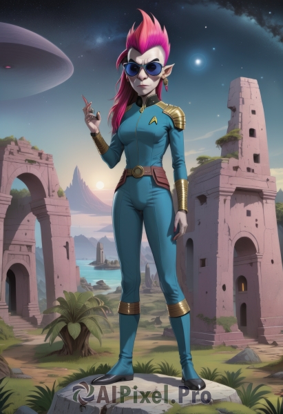 1girl,solo,long hair,breasts,looking at viewer,smile,jewelry,medium breasts,standing,full body,pink hair,red hair,earrings,boots,outdoors,sky,pointy ears,belt,artist name,uniform,tree,bodysuit,colored skin,watermark,moon,sunglasses,grass,star (sky),web address,starry sky,science fiction,sun,space,bracer,planet,alien,spacecraft,mohawk,armor,cosplay,knee boots,plant,spiked hair,blue skin,tinted eyewear,shoulder pads,blue bodysuit,pink skin