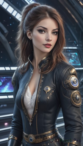 1girl,solo,long hair,breasts,looking at viewer,brown hair,long sleeves,cleavage,brown eyes,jewelry,medium breasts,upper body,ponytail,earrings,parted lips,belt,lips,bodysuit,makeup,lipstick,zipper,realistic,nose,unzipped,red lips,stud earrings,jacket,artist name,black jacket,emblem