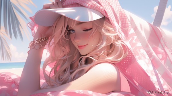 1girl,solo,long hair,looking at viewer,blush,smile,blue eyes,blonde hair,hat,bare shoulders,jewelry,closed mouth,upper body,outdoors,one eye closed,sky,day,cloud,signature,bracelet,from side,tree,blue sky,lips,eyelashes,makeup,ocean,white headwear,beach,;),pink lips,sand,palm tree,hand on headwear,summer,adjusting headwear,wavy hair,visor cap