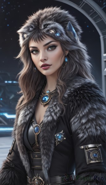 1girl,solo,long hair,breasts,looking at viewer,brown hair,cleavage,brown eyes,jewelry,upper body,earrings,parted lips,belt,necklace,lips,coat,fur trim,makeup,night,lipstick,brooch,gem,pendant,snowing,nose,clock,red lips,fur,black hair,medium breasts,artist name,signature,hood,thick eyebrows,eyeshadow,realistic,wolf,pelt