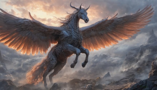 solo,tail,outdoors,wings,horns,sky,cloud,no humans,cloudy sky,scenery,feathered wings,flying,mountain,fantasy,dragon,riding,horse,spread wings,bird,rock