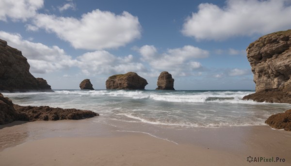 outdoors,sky,day,cloud,water,blue sky,no humans,ocean,beach,cloudy sky,scenery,rock,sand,horizon,waves,shore