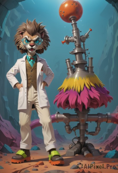 solo,looking at viewer,open mouth,blue eyes,brown hair,1boy,animal ears,standing,tail,full body,male focus,necktie,shoes,glasses,teeth,pants,vest,formal,sunglasses,suit,robot,goggles,furry,hands on hips,hands in pockets,labcoat,furry male,lion boy,short hair,shirt,long sleeves,jacket,outdoors,open clothes,collared shirt,artist name,black footwear,buttons,blue background,white jacket,blue shirt,spiked hair,colored sclera,brown jacket,blue necktie,white pants,round eyewear,green shirt,logo,body fur,brown pants,white fur,badge,animal nose,brown vest,brown fur,rubble,white suit,green-framed eyewear