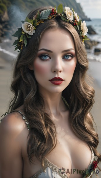 1girl,solo,long hair,breasts,looking at viewer,blue eyes,brown hair,hair ornament,dress,cleavage,bare shoulders,medium breasts,upper body,flower,outdoors,parted lips,signature,hair flower,bra,white dress,blurry,lips,eyelashes,makeup,blurry background,rose,wavy hair,lipstick,realistic,red lips,head wreath,blush,collarbone,day,strapless,leaf,white flower,strapless dress