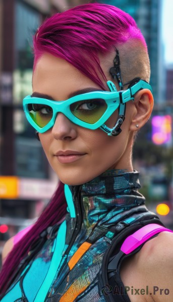 1girl,solo,long hair,looking at viewer,jewelry,closed mouth,upper body,pink hair,multicolored hair,earrings,sleeveless,dark skin,blurry,two-tone hair,dark-skinned female,lips,makeup,blurry background,watermark,piercing,sunglasses,lipstick,portrait,web address,eyeshadow,science fiction,asymmetrical hair,realistic,nose,stud earrings,eyeliner,undercut,tinted eyewear,cyborg,cyberpunk,short hair,bare shoulders,purple hair,from side,depth of field,turtleneck,very short hair,earpiece