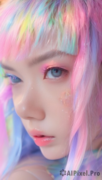 1girl,solo,long hair,looking at viewer,bangs,blue eyes,animal ears,blue hair,pink hair,multicolored hair,parted lips,artist name,blurry,lips,eyelashes,makeup,watermark,lipstick,portrait,web address,close-up,eyeshadow,pink lips,realistic,nose,red lips,colorful,mascara,rainbow hair,blunt bangs,gradient hair